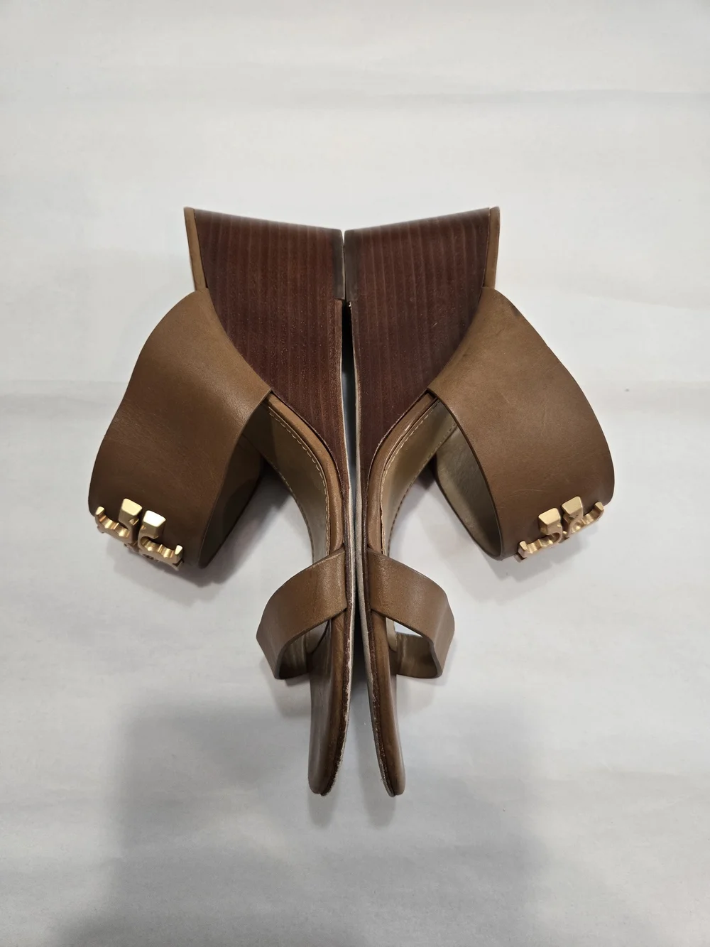 Tory Burch Everly Wedge Leather High Heel Brown Slide Sandals Sz 9 M Brown Gold
